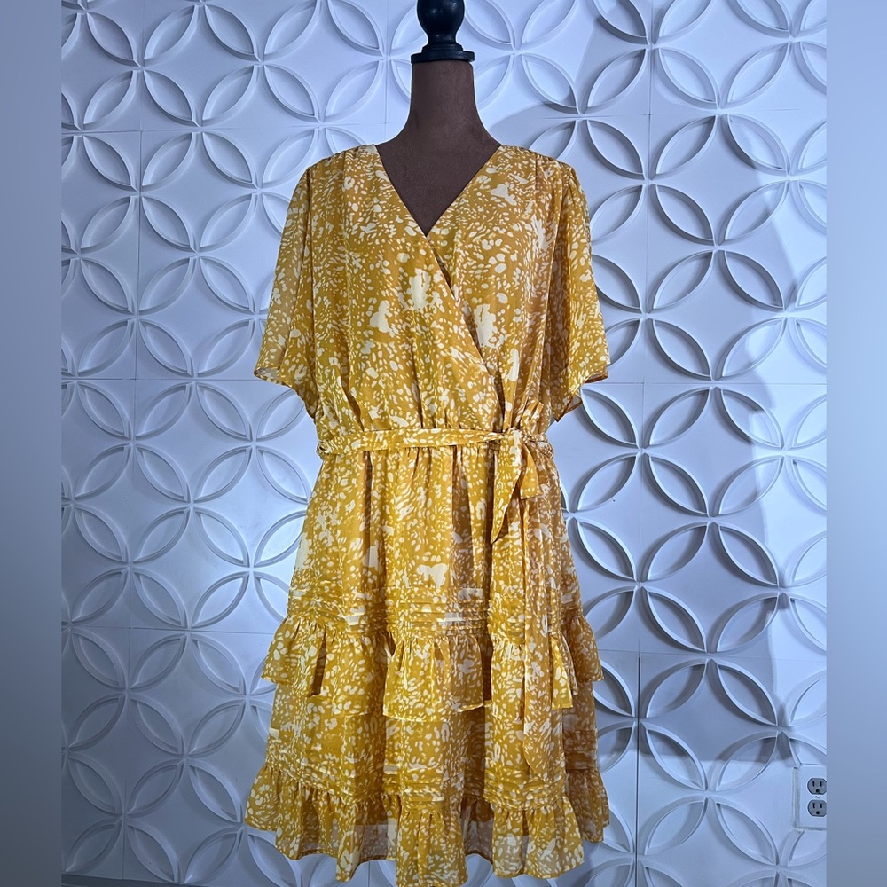Vera Wang / Simply Vera Mustard Yellow Wrap Ruffled Midi Dress — Size XL